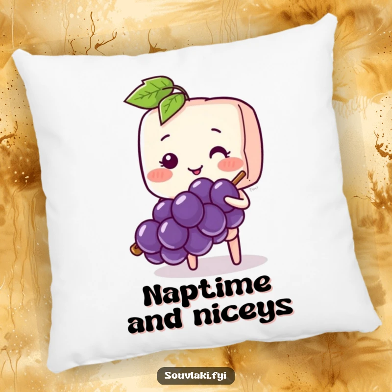 Funny Souvlaki Skewer Shy Comfort Pillow: A blushing souvlaki skewer shyly offers a grape, perfect for comfort.