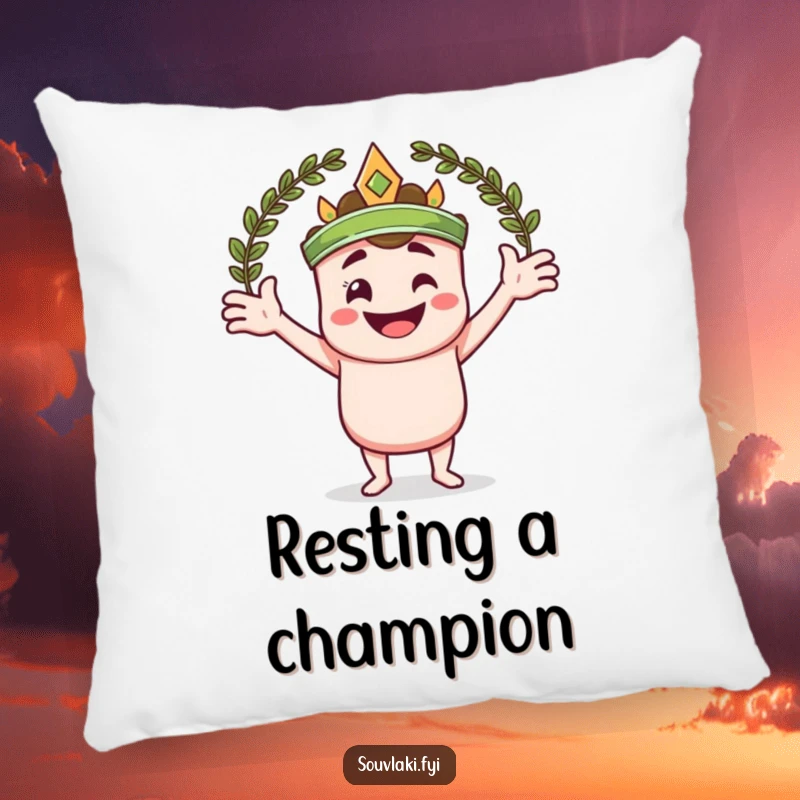 Funny pillow with a smiling souvlaki skewer character with arms wide, embracing a laurel wreath.