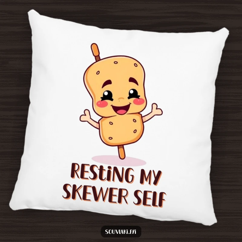 Funny souvlaki skewer pillow with a smiling character giving a proud wink, a comfortable humorous funny gift.
