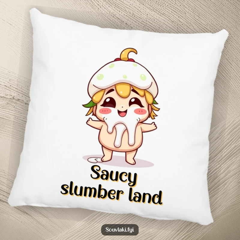 Funny giggling gyro character with playful tzatziki drips, a soft and comforting pillow.