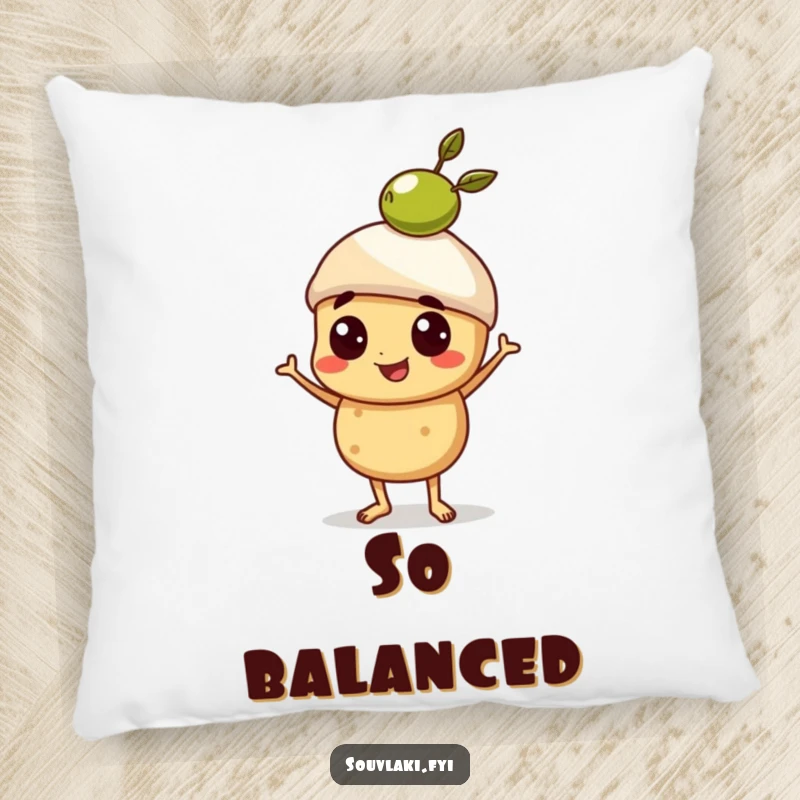 Funny Pillow featuring a proud souvlaki character balancing a tiny olive on its head, a cozy culinary delight.