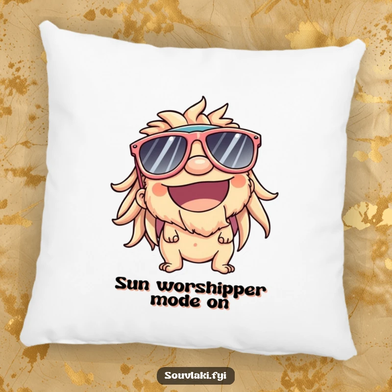 Funny Pillow: Souvlaki character in sunglasses, smiling, comically basking in sunny comfort.