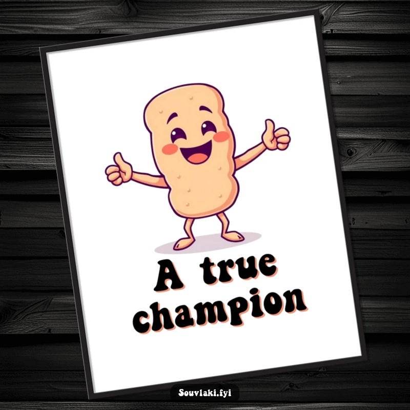 Funny Souvlaki Skewer Victory Digital Art: A proud souvlaki skewer character strikes a triumphant pose, perfect for wall art.