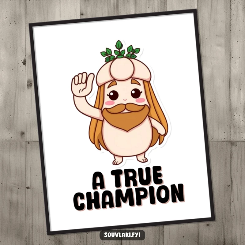 Funny digital art print of a souvlaki saluting with a laurel wreath, offering instant humorous heroic decor.