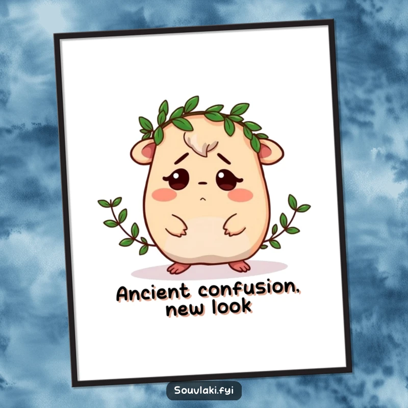 Funny Moussaka Digital Art Print: A confused moussaka character humorously tries to wear a miniature laurel wreath, ideal for vibrant wall art.