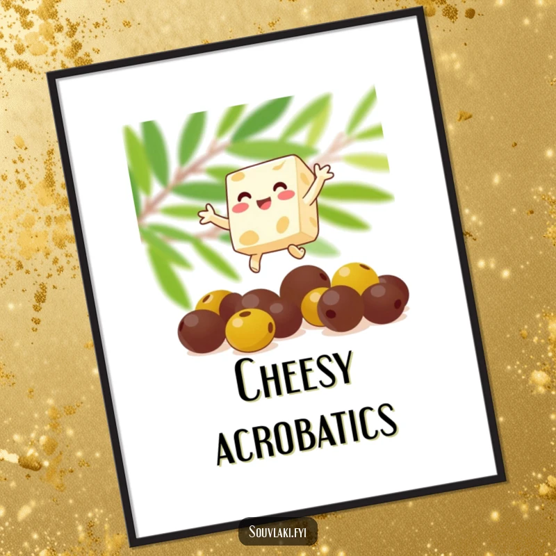 Funny feta cheese cube joyfully leaping over olives, depicted as vibrant digital art. A cheerful and dynamic piece, ideal as a funny gift.