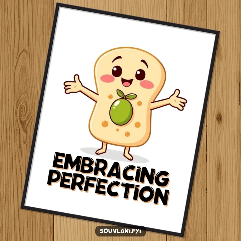 Funny digital art print of a cheerful pita bread character with arms outstretched, lovingly embracing a tiny olive, symbolizing warmth.