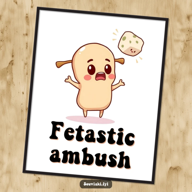 Funny Digital Art Print: Souvlaki character comically surprised by a flying feta cube.