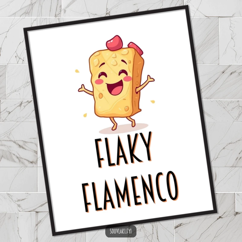 Funny baklava piece performing an energetic flamenco dance, captured as digital art. A vibrant and humorous piece, ideal as a funny gift.