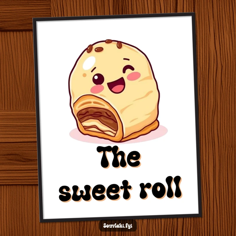 Funny Digital Art Print: A happy baklava character with nutty layers comically attempts to roll downhill, capturing sweet, chaotic joy.
