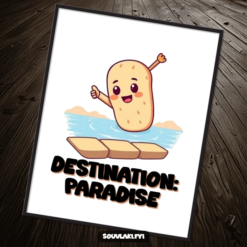 Funny digital art print of a souvlaki dramatically pointing towards the sea, perfect for vibrant and humorous coastal-themed decor.