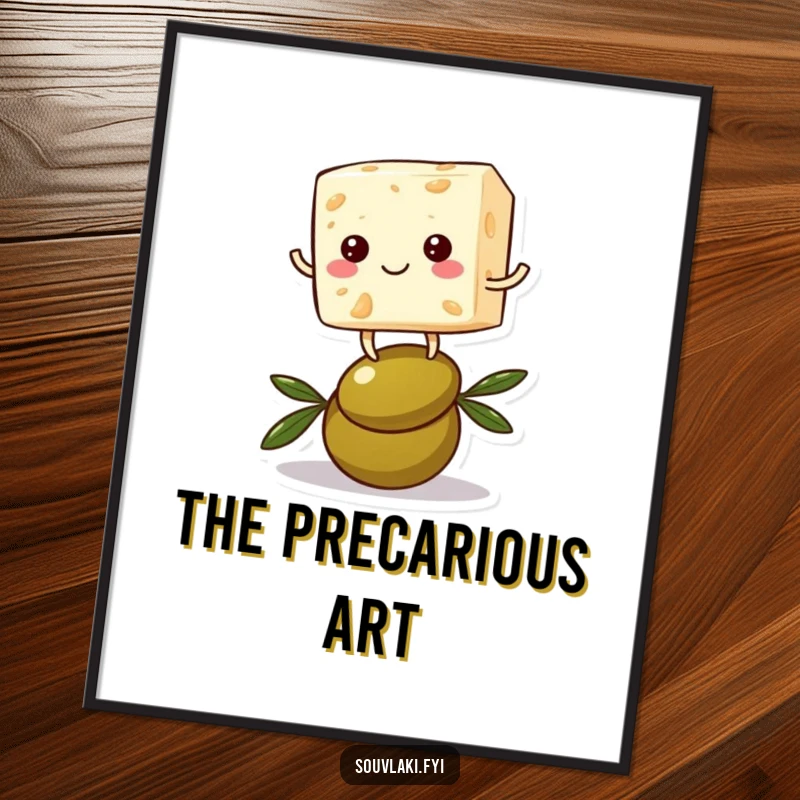 Funny feta cheese digital art print capturing a cheerful cube character hilariously balancing on an olive, a piece of art full of amusing charm.