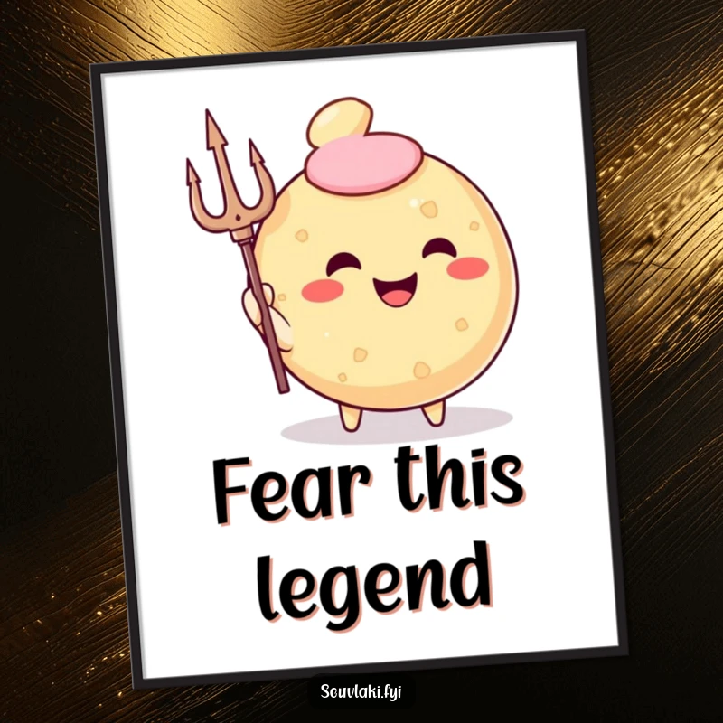 Funny Digital Art Print of a smiling, round fried pastry character holding a trident, a divine and humorous piece.