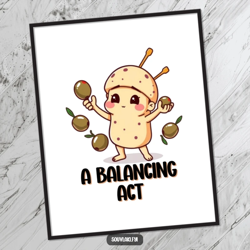 Funny digital art print of a souvlaki comically juggling olives, perfect for vibrant and humorous kitchen-themed decor.