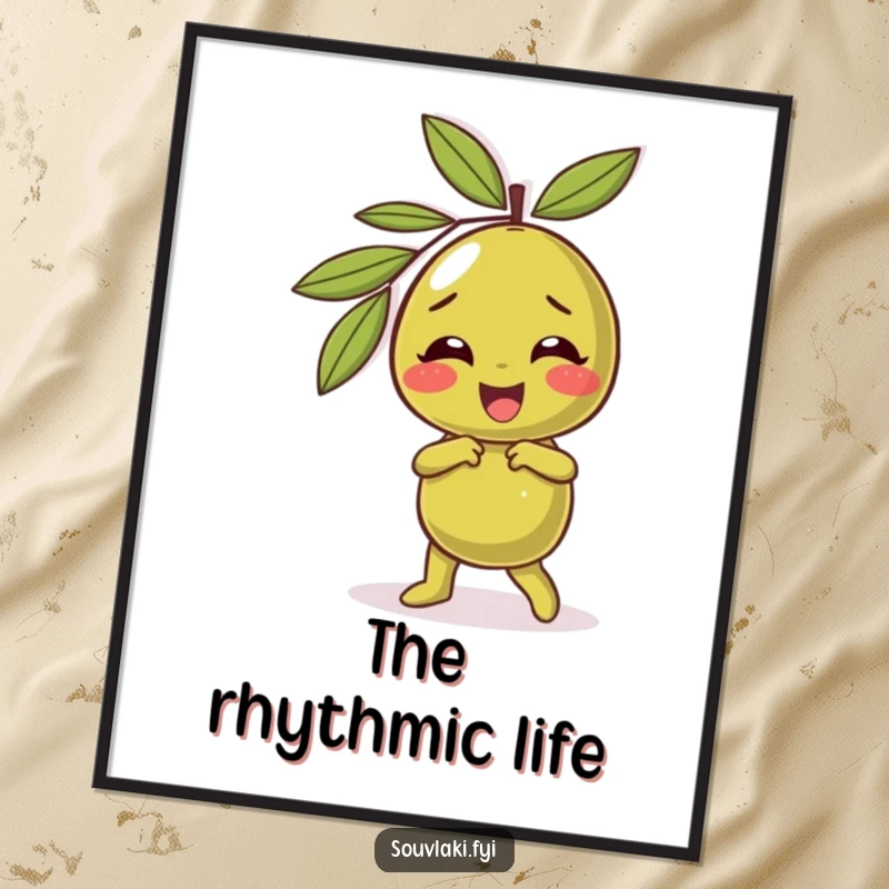 Funny olive digital art print capturing a giggling character performing a silly dance, a piece of art full of comical energy.