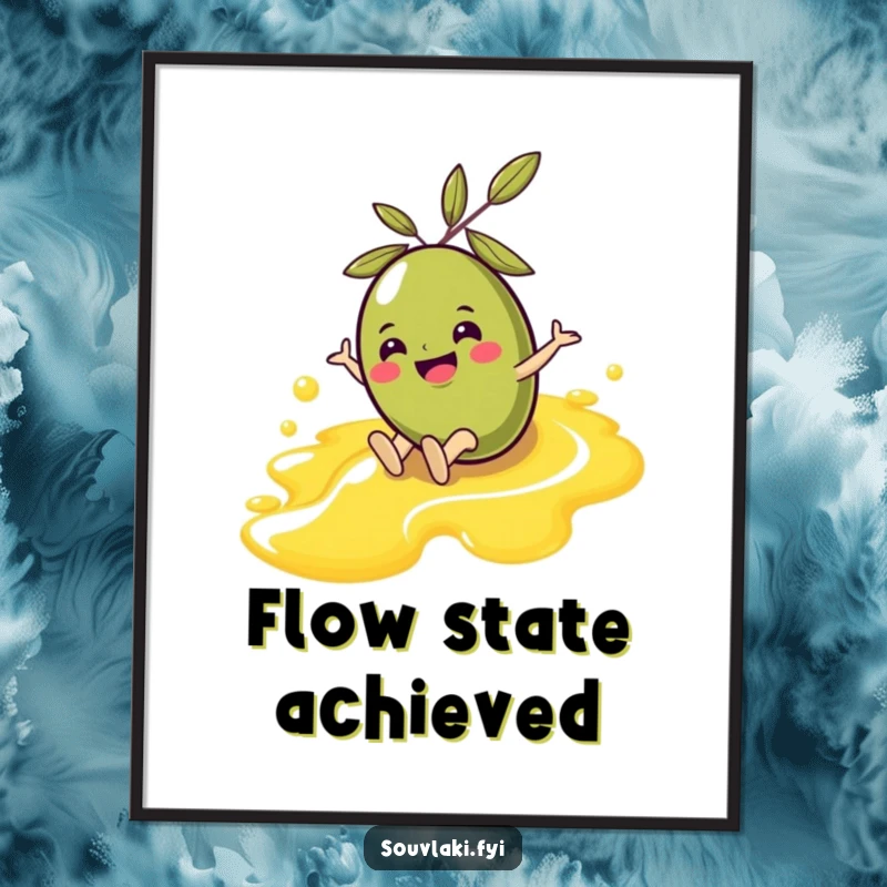 Funny Olive Digital Art Print: A high-resolution image of a cheerful olive character sliding down an olive oil stream, radiating pure joy.