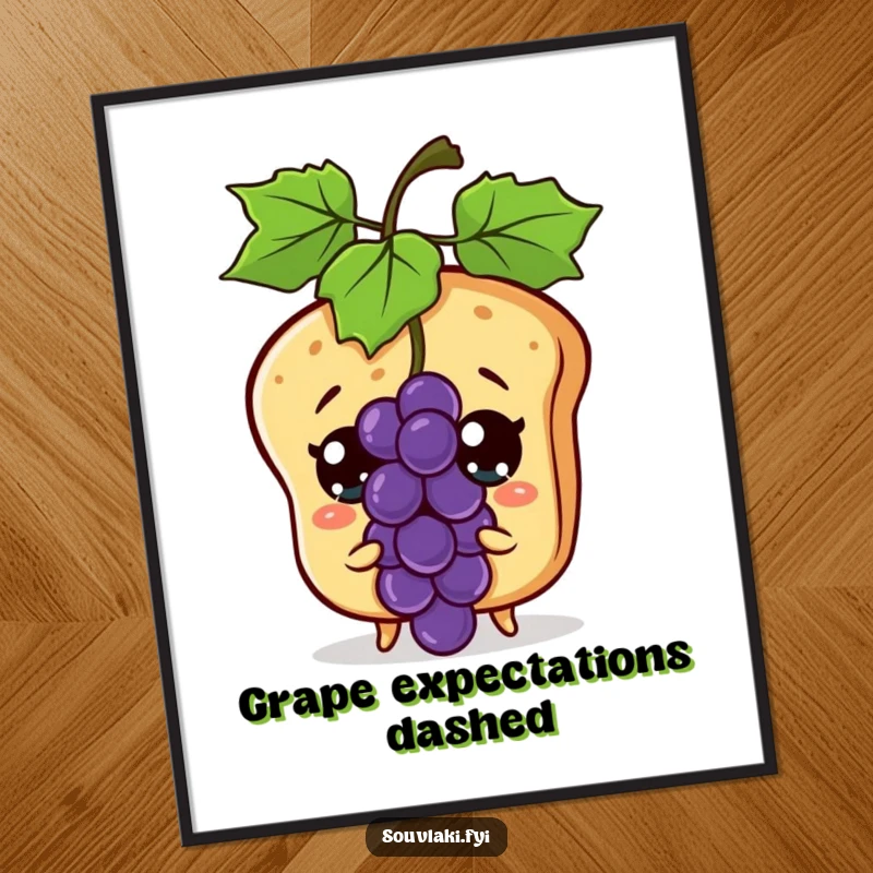 Funny pita bread character looking surprised at a flying grape, as a downloadable digital art print.