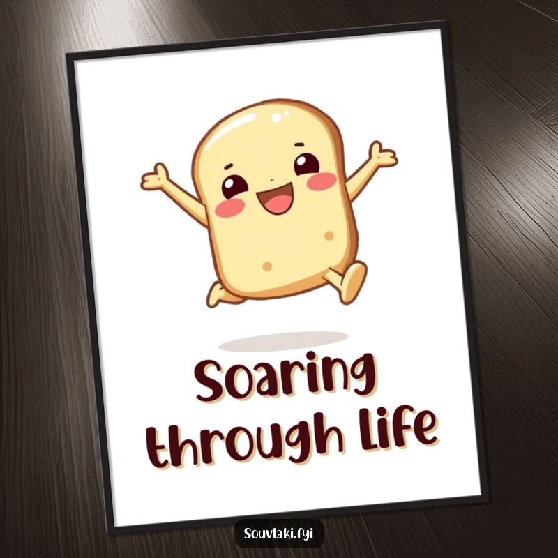 Funny pita bread digital art print capturing a smiling character in a joyful leap, a piece of art that radiates pure happiness.