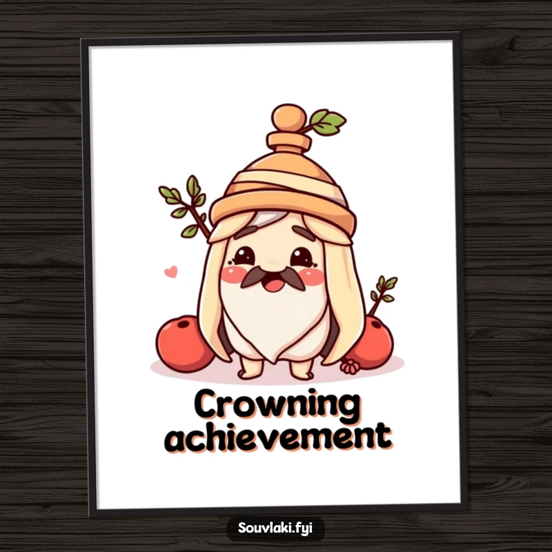 Funny souvlaki digital art print, a happy Greek skewer dons an amphora hat, offering instant whimsical wall decor.