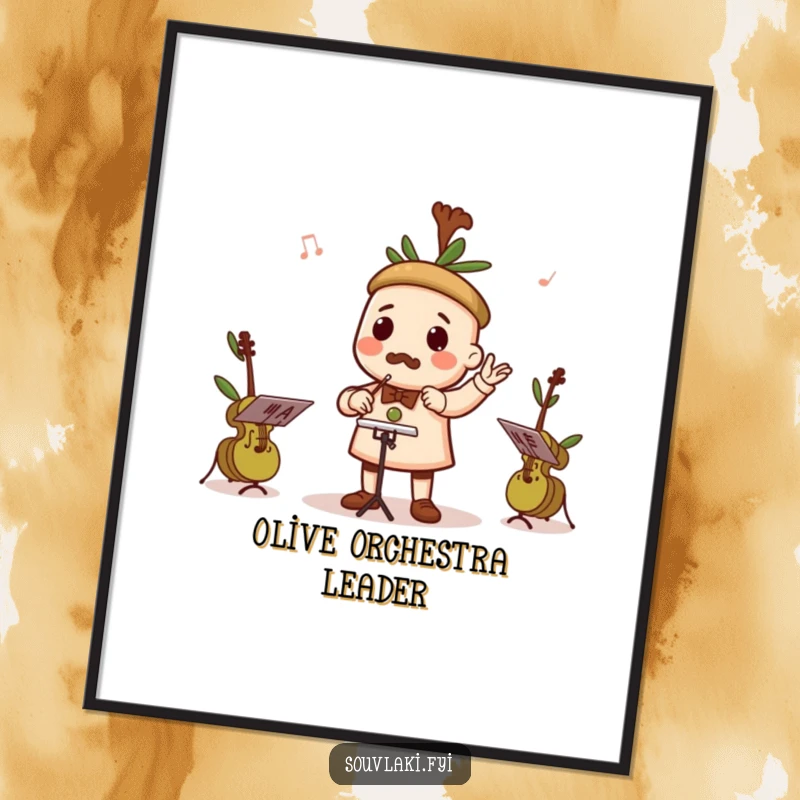 Funny digital art print of a souvlaki character conducting a tiny orchestra of olives playing instruments.