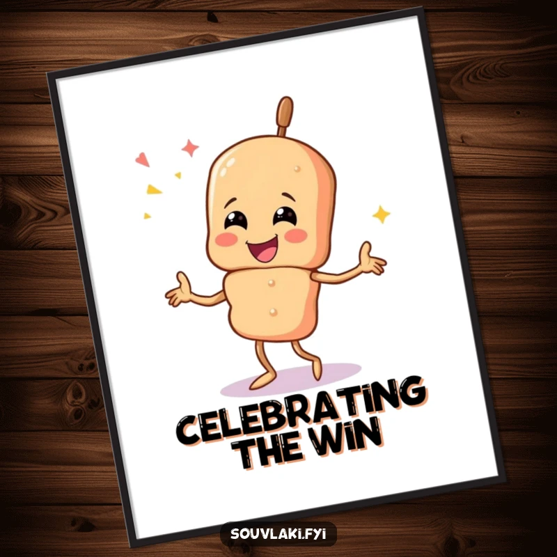 Funny souvlaki skewer character capturing a moment of pure dance bliss in digital art form.