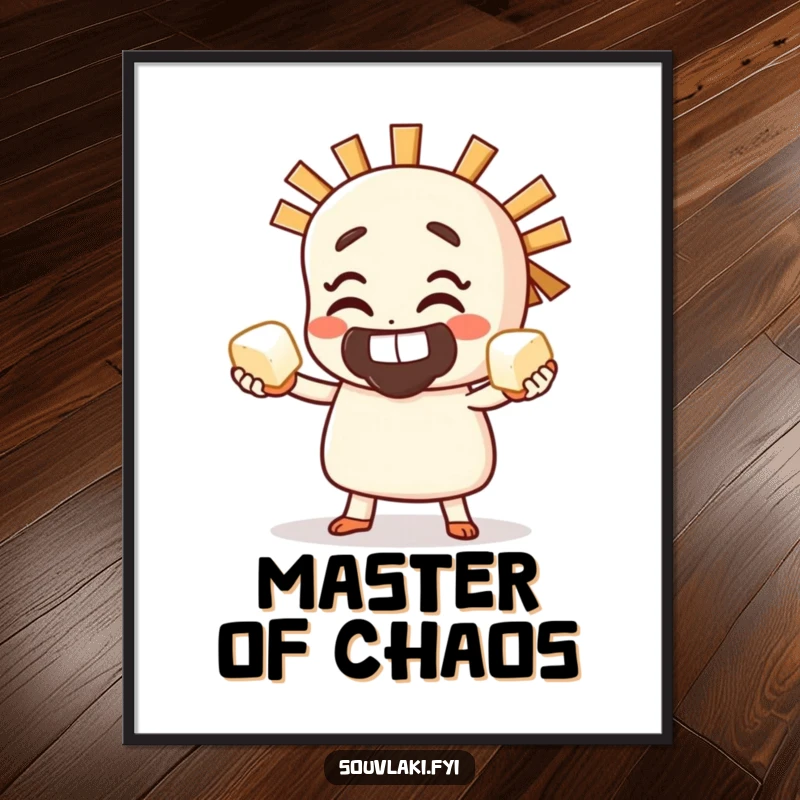 Funny Digital Art Print of a grinning souvlaki character skillfully juggling small cubes of feta cheese, a symbol of culinary flair.