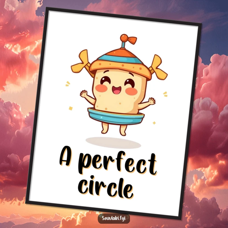 Funny digital art print of a souvlaki perfecting a miniature gyros, offering instant humorous culinary decor.