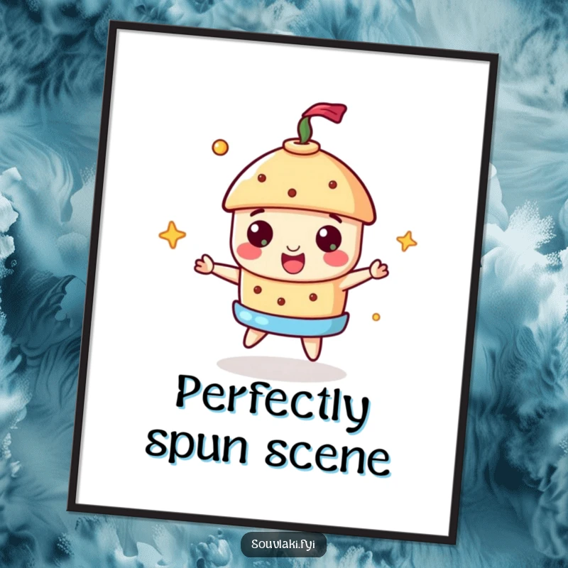 Funny Souvlaki Digital Art Print of a cheerful souvlaki spinning a miniature gyros, instant humorous culinary decor.