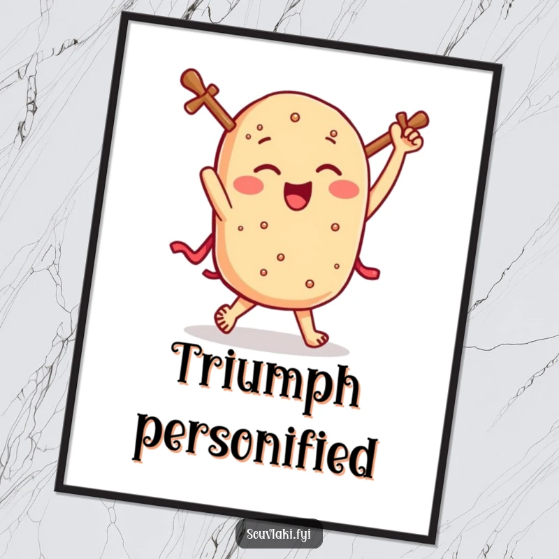 Funny souvlaki digital art print, a winking Greek skewer dances with glee, offering instant humorous wall decor.