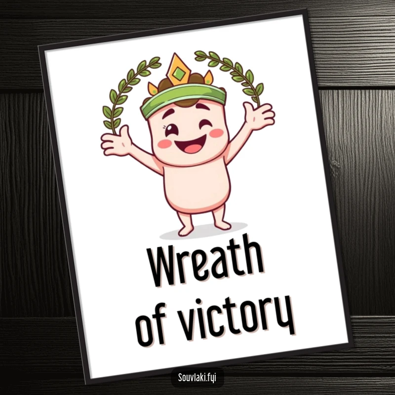 Funny digital art print of a smiling souvlaki skewer character with arms wide, embracing a laurel wreath.