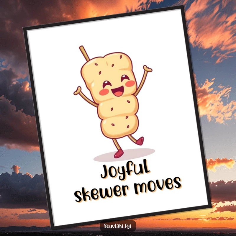 Funny digital art print of a smiling souvlaki skewer character energetically dancing a joyful jig, celebrating food and festive cheer.