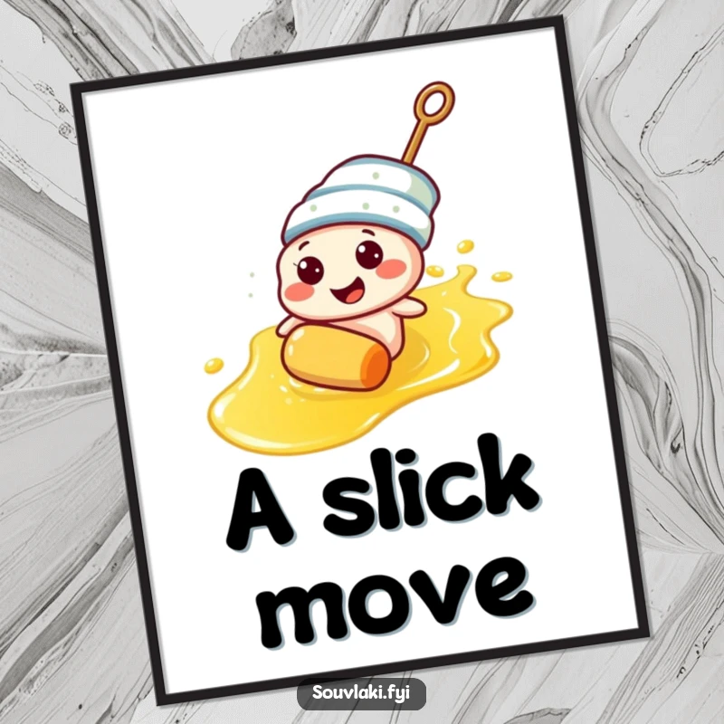 Funny souvlaki skewer character humorously sliding down olive oil slick, as digital art for walls.
