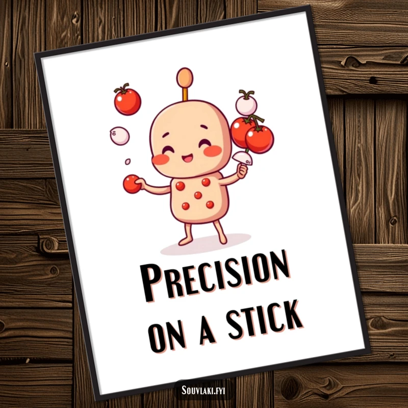 Funny Digital Art Print: A souvlaki skewer juggles ingredients, adding instant fun. Culinary decor.