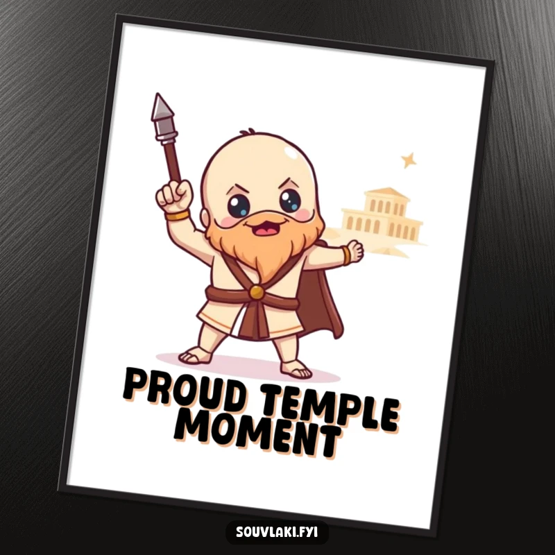 Funny souvlaki digital art print of a proud Greek food character posing heroically with a distant temple, offering instant epic and humorous decor.