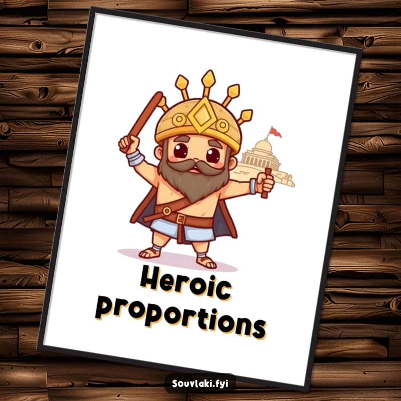 Funny souvlaki digital art print, a proud Greek skewer strikes a heroic pose with a temple, offering instant epic decor.