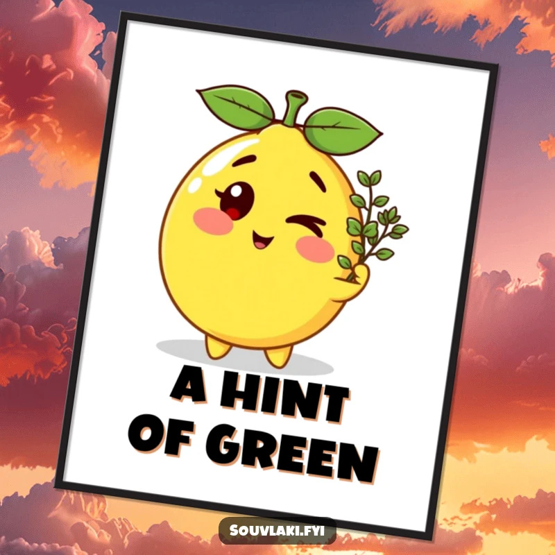 Funny winking lemon character offering a tiny oregano sprig, as a downloadable digital art print.