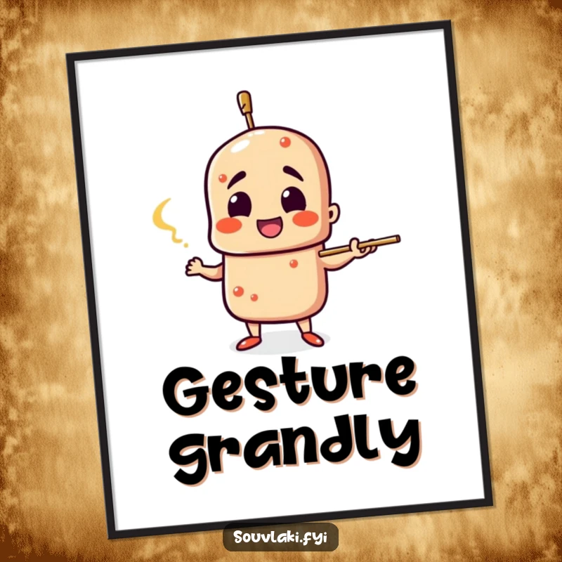 Funny Souvlaki Digital Art: A souvlaki skewer character gestures dramatically, a humorous and expressive piece for digital display.