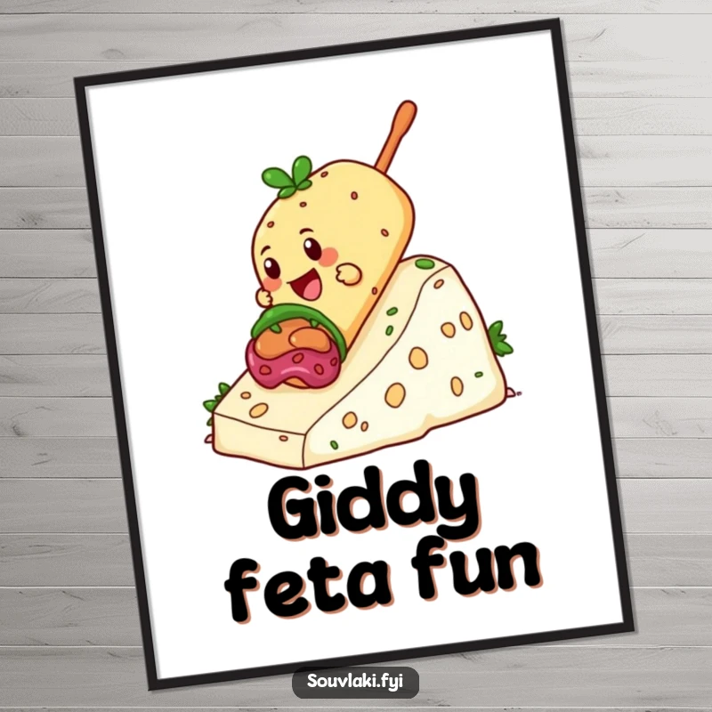 Funny Souvlaki Digital Art Print of a giddy souvlaki sliding down a hill of feta cheese, instant cheesy humorous decor.