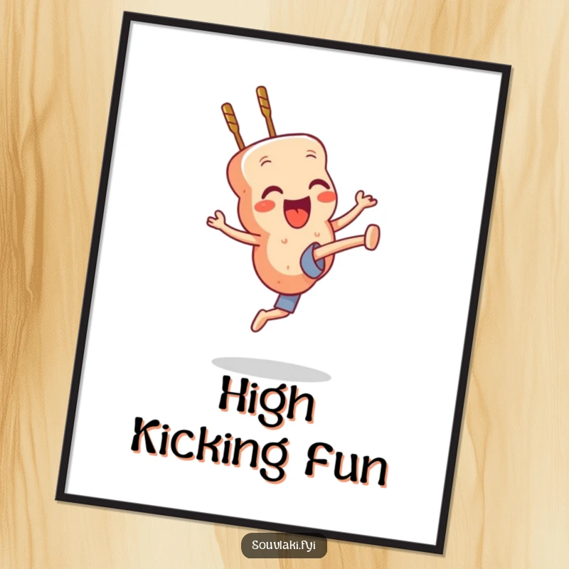 Funny souvlaki skewer character in a powerful high kick, a dynamic digital print.