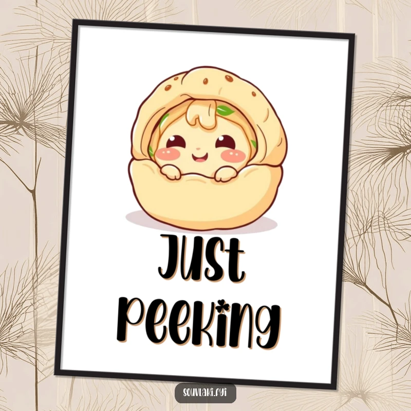 Funny Digital Art Print: A giggling spanakopita character comically peeks from a puff pastry shell, showcasing playful humor.