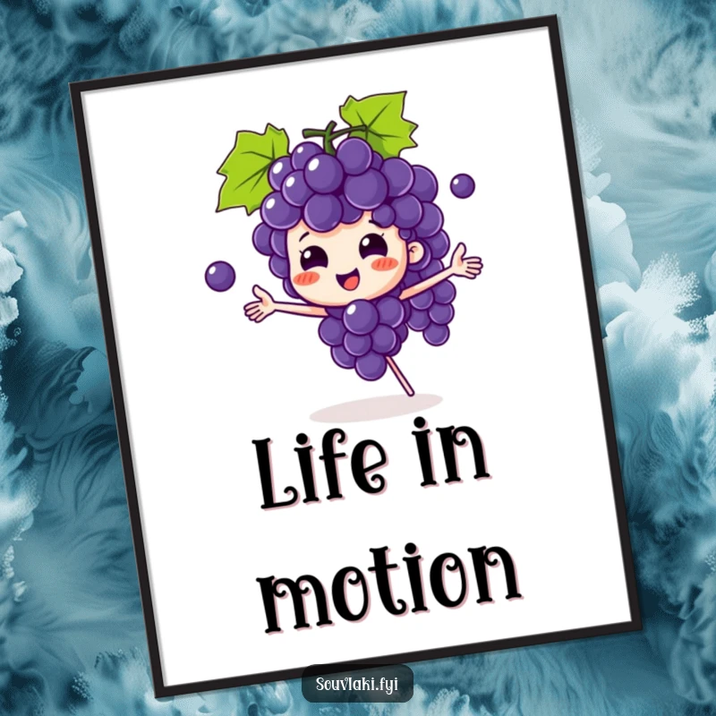 Funny grape bunch digital art print capturing a playful character juggling grapes, a piece of art full of comical skill and charm.