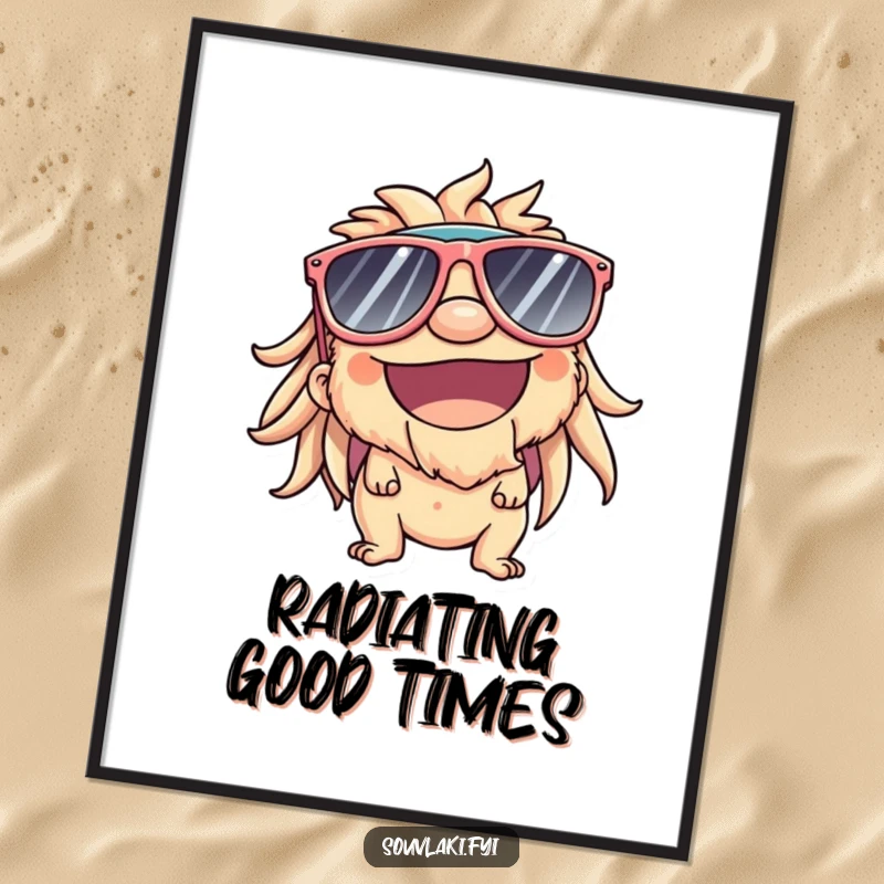 Funny Digital Art Print: Souvlaki character in sunglasses, big smile, comically enjoying sunshine.