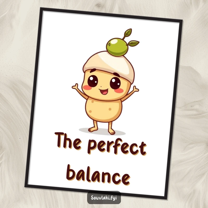 Funny Digital Art Print of a proud souvlaki character balancing a miniature olive, a symbol of culinary skill.