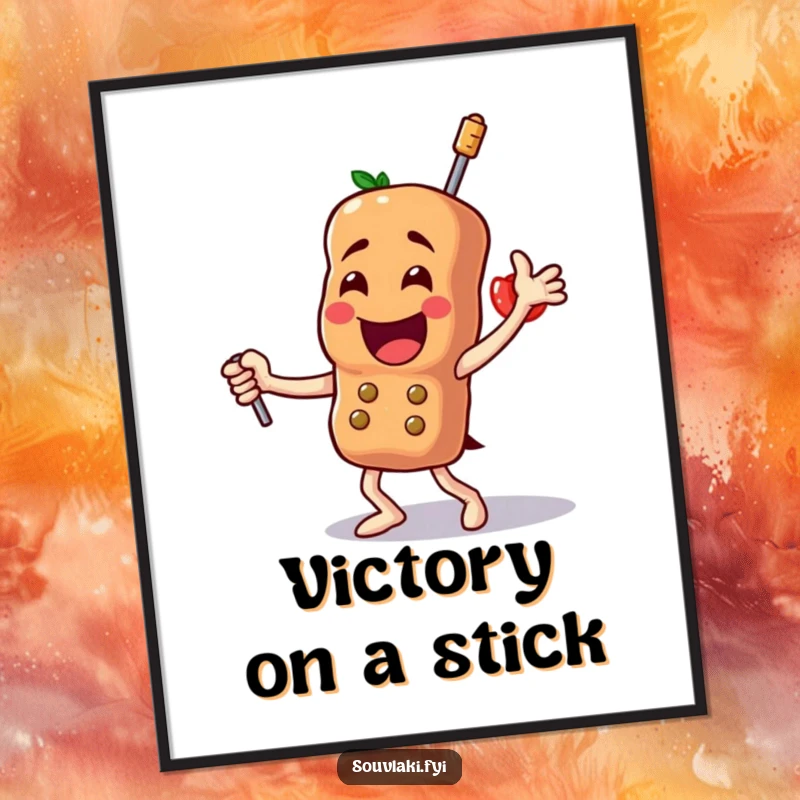Funny Souvlaki Digital Art Print: A high-resolution image of a proud skewer character dancing triumphantly, capturing the joy of Greek cuisine.