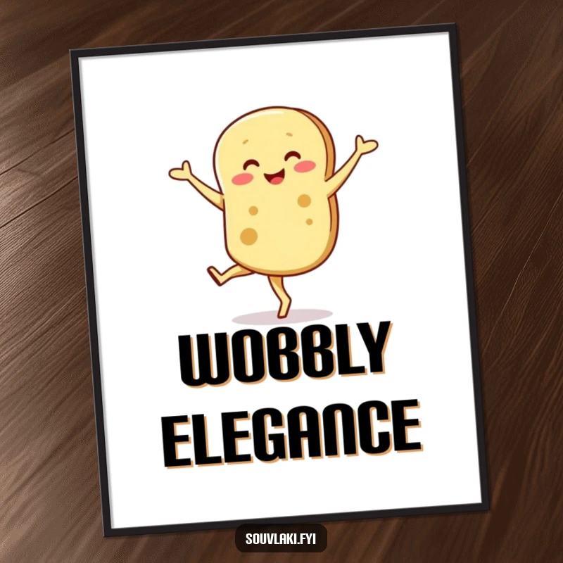 Funny digital art print of a smiling pita bread character performing a uniquely graceful, yet wobbly, pirouette.