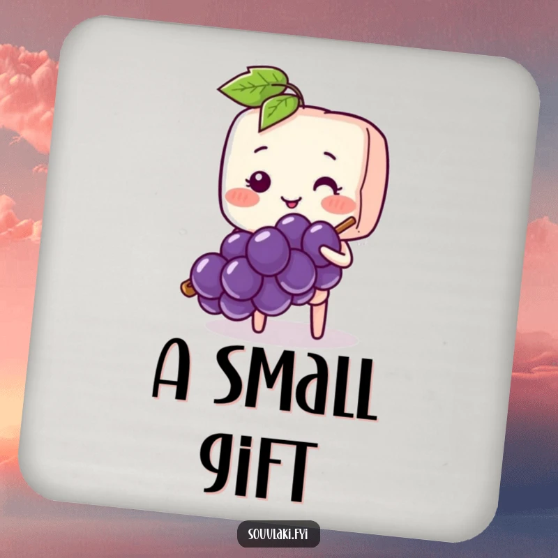 Funny Souvlaki Skewer Shy Offer Coaster: A blushing souvlaki skewer shyly offers a grape, protecting your table.