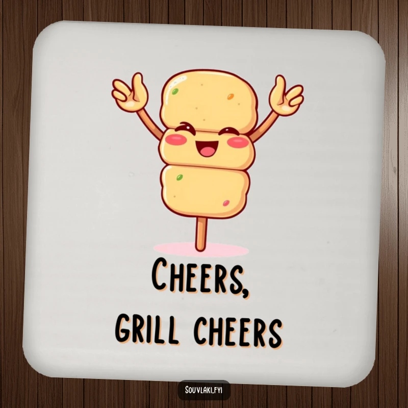 Funny winking souvlaki skewer waving arms enthusiastically on a drink coaster. A charming and humorous accent, perfect as a funny gift.