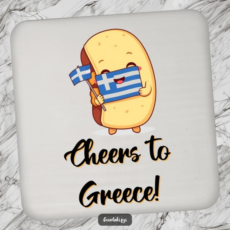 Funny Coaster: A souvlaki embraces a miniature Greek flag, adding humorous patriotism to drink service.