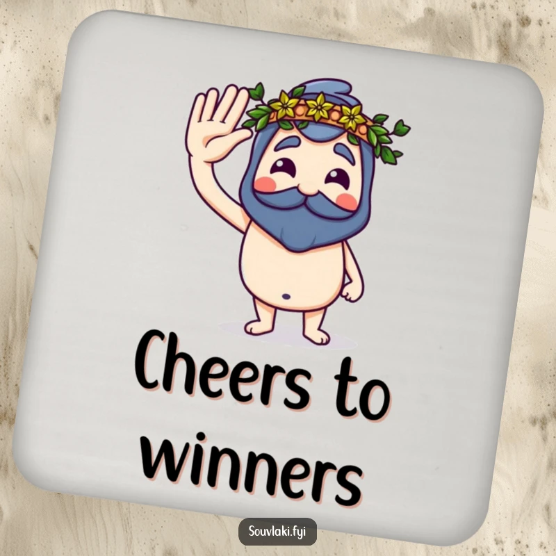 Funny Souvlaki Coasters featuring a proud souvlaki saluting with a tiny laurel wreath, protecting tables with humor.