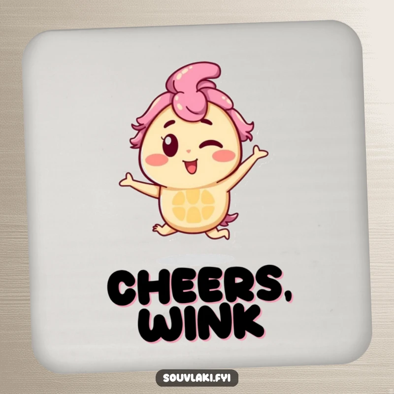 Funny Souvlaki Coaster: A souvlaki skewer character winks and hops playfully, protecting surfaces with humor and style.